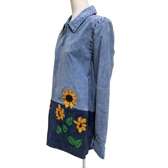 Quacker Factory Blue Suede Jacket Embroidered Sunflowers Vtg Full-Zip Size L - Picture 4 of 9